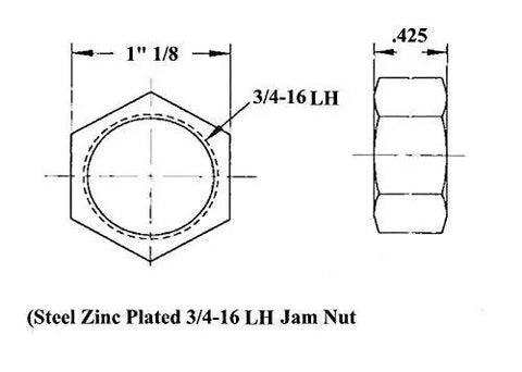 Steel Zinc Plated 3/4-16 LH Jam Nut technical drawing with dimensions, showing hexagonal shape and size details.