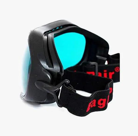 Pro Grade Wide Spectrum Laser Safety Glasses Featuring Rock Solid Optical Density Filtration For Total Uv And Visible Light Studio Workshop Eye Protection Gear side view with tinted lens and adjustable strap.