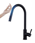 NexaTap Touch Activated Kitchen Sink Faucet with Pull Down Sprayer, Black finish, modern design, hands-free operation shown with hand.