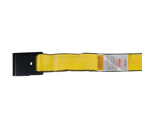 Close-up of yellow heavy duty 10 pack 2 inch by 30 foot ratchet tie down strap with flat hook, 10,000 lbs break strength, polyester.