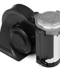 Weatherproof Heavy Duty Train Horn For Truck And Car With Wired Relay Harness Hella Ultra Loud 150 DB Snail Air Horn Boost Road Warrior Safety Straight Fire System with sleek metal and plastic design.