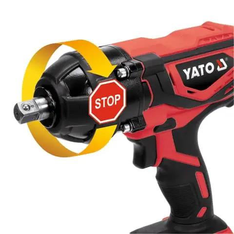 Close-up of the 18V Cordless Impact Wrench Beast with 300Nm Torque stop button detail for heavy duty power tool control.