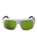 Straight Up Infrared Laser Safety Glasses Built Different With OD Fiveplus And Sevenplus Optics For Nd Yag Diode Lasers Clear Lens front view with green lenses and white frame.