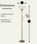 Adjustable Metal Floor Lamp With Side Reading Light in Satin Nickel Finish 150 Watt, 72-inch tall, and dimensions shown