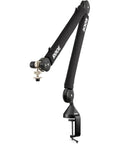 Rode microphone boom arm with adjustable positioning, clamp mount, and soft padding for enhanced microphone setup.