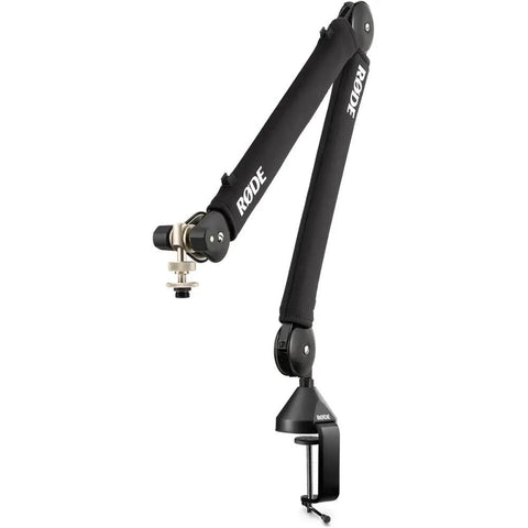 Rode microphone boom arm with adjustable positioning, clamp mount, and soft padding for enhanced microphone setup.