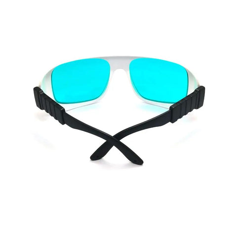Top Tier Badass Laser Safety Glasses Featuring Heavy Duty OD4 Plus Filter And Crystal Clear Lenses, back view with black frame.