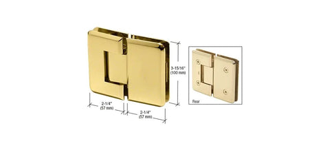 Polished Brass Glass To Glass Hinge With Rounded Corners And Beveled Edges designed for heavy duty shower doors, 3-15/16" size.