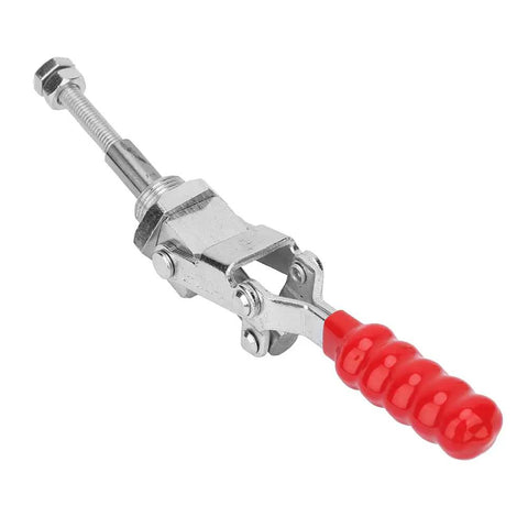 Knockout Slick Stainless Steel Push Pull Toggle Clamp With Quick Release Handle For Garage Shop Woodworking Jigs And Workshop Fixtures Compact Heavy Duty Tool close-up view showing red handle and stainless steel body.