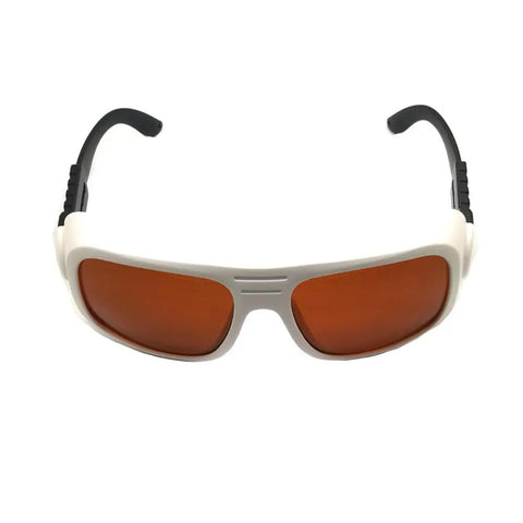 Heavy Duty Infrared Laser Safety Glasses Blocking 532 Nm And 1064 Nm Waves with a white and black frame design, suitable for laser use.