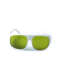 Heavy Duty Infrared Laser Safety Glasses Designed For Nd YAG Shop Crews With Locked In Beam Blocking Armor Purpose Built For 755 808 And 1064 Nm Tasks with green tinted lenses and white frame.