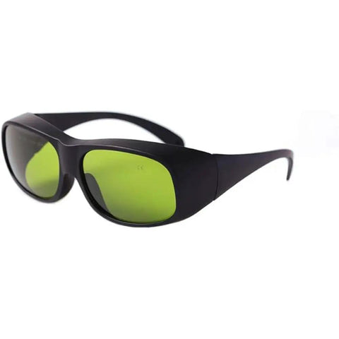 Legit Infrared Laser Safety Glasses Blocking 740Nm To 1100Nm ND YAG And Diode Beams with dark frames and green lenses, side view.