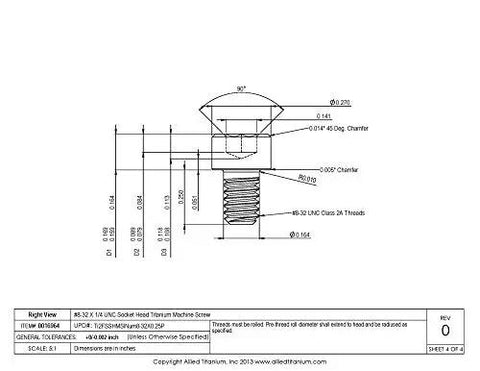 Right view technical drawing of Heavy Duty Grade Two Pure Titanium Socket Head Machine Screws, #8-32 x 1/4 UNC specifications.