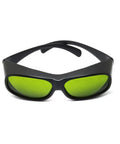 Top Shelf Tough Infrared Laser Safety Glasses Featuring Heavy Duty OD Five Plus And OD Seven Plus Shielding For ND YAG And Diode Lasers Spanning 720 To 1100 Nm Wavelengths Crisp Clear Vision front view with green lenses.