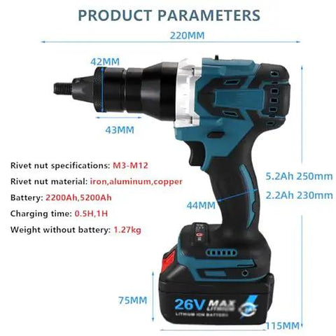 Grab And Go Cordless Electric Rivet Tool Kit With Automatic Handheld Power And Twin 2200mAh Batteries For M3 To M12 Fasteners Includes Rugged Carrying Case.