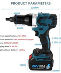 Rock Solid 2 In 1 Cordless Rivet Nut Gun With Automatic Feed For M3 Through M12 Inserts Plus Double 5200 mAh Power Banks. Specifications displayed.