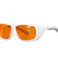 Straight Up Heavy Duty Laser Safety Glasses Broad Spectrum OD Five Plus Coverage Shielding Eyes From Intense Light And Harmful Radiation Wavelengths One Nine Zero To Five Hundred Nm White with orange lenses.