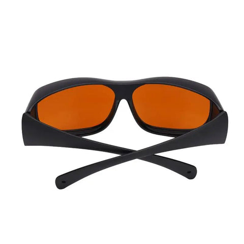 Professional Grade Kickass Laser Safety Glasses With Hella Od5 Plus Eye Defense Across One Hundred Ninety To Eleven Hundred Nanometer Wavelength Range For Spa Studios And Beauty Clinics In Classic Orange Lens, black frame, orange lenses.