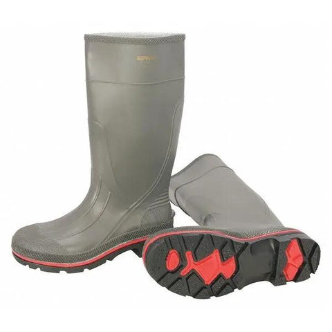 15 Inch Chemical Resistant Mens Knee Boot Built Different For The Job Site Heavy Duty Safety Footwear Featuring Slip Resistant Soles Bright Black Yellow And Grey Accents Size 12 with gray upper and slip-resistant sole.