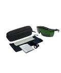 Heavy Duty Laser Safety Glasses For Handheld Welding And Fiber Laser Use Badass Eye Armor with green lenses, case, and cleaning cloth.