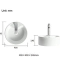 Straight Fire 15.7 Inch Diameter Round Ceramic Bathroom Vessel Sink With Integrated Faucet For Above Counter Installation And Quick Room Glow Up In Crisp White Finish dimensions shown from top and side views