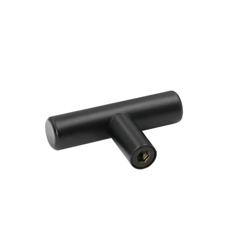 Matte black T bar cabinet pull handle made from durable stainless steel, 2 inch size for modern kitchen and bathroom decor.