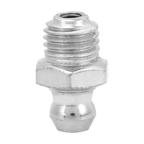 Close-up of M8 straight grease nipple fitting, nickel-plated, for grease guns, part of 10 Piece Grease Nipples Fittings M8 Straight For Grease Guns Auto Motorcycles And Industrial Use With Rolling Bead Design Durable 10 Pack For Lubrication Fittings In Industrial Machinery Easy Install And Durable For Pistons.