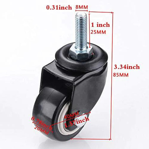Close-up of Four M8x25mm PU Rotating Caster showing dimensions, 360 Degree Swivel with TPE Soft Rubber, no brakes, heavy duty