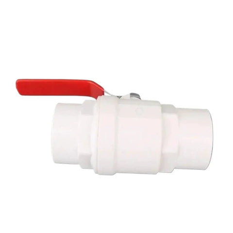 Rock Solid White Pvc Ball Valve Leak Proof Plumbing Connector Featuring Smooth Turn Handle Built Tight Water Shut Off Fitting For Home And Workshop Pipes side view with red handle