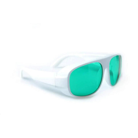 Red Laser Safety Glasses 635Nm And 808Nm Wavelength Optics Crisp Clarity Comfortable Fit Heavy Duty Construction Top Shelf Protection For Semiconductor Workshops And DIY with white frame and green lenses.