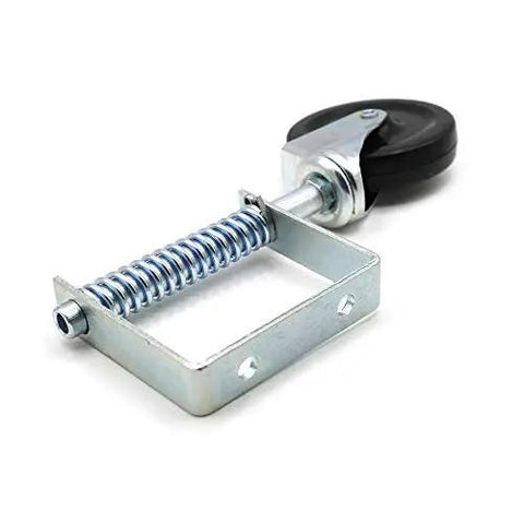 Self Adjusting Spring Gate Caster With Four Inch Hard Rubber Wheel Automates Height Tweaks For Rugged Ground, showcasing metal bracket and spring.