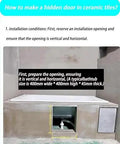 Installation guide for heavy duty concealed door hinges in ceramic tiles showing required opening dimensions for hidden access.