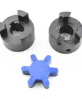Tough As Nails Cast Steel Shaft Adapter And Heavy Duty Vibration Dampening Motor Coupler For CNC Engravers Built To Handle Serious Torque Without Breaking A Sweat Smooth Operator Design Bore Fits 35 To 38 Millimeters, featuring black steel couplings and blue dampener.
