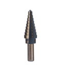 Premium Step Drill Bit Set Featuring Ti-Coated Cobalt HSS For Smooth Holes In Steel Brass And Wood With Anti Slip Hex Shank Grip And Auto Deburring Edges To Keep Your Projects Tight And Ready. Single Ti-coated step drill bit with hex shank and size markings