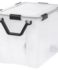 Clear Plastic Storage Bin With Locking Lid Rolling Wheels Weather Tight Seal And Clear Design Provides Lockdown Protection From Moisture Dust And Debris Plus Secure Grip Handles Make Moving Gear A Slam Dunk For Organized Home Living. Close-up view of the secure grip handle and locking lid.