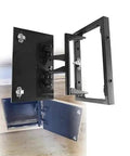 Heavyweight Concealed Pivot Hinge Kit For Wall Doors Built Like A Tank To Hold Marble And Stone Panels Tight With Zero Sagging Or Wobbles Perfect For Bathrooms And Inspection Hatch Work, showing open black metal hinge.