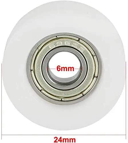 Heavy Duty V Groove Bearing Pulley With Slick Rolling Ball Wheel For Linear Guide Rail System 6mm Bore 24mm OD showing smooth nylon roller design.