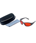 Badass Laser Safety Eyewear With Heavy Duty OD7 Protection For Ultraviolet And Green Laser Exposure featuring red lenses and case.
