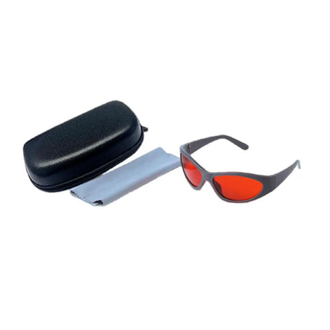 Badass Laser Safety Eyewear With Heavy Duty OD7 Protection For Ultraviolet And Green Laser Exposure featuring red lenses and case.