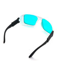 Heavy Duty Pro Grade Red Laser Protective Glasses Delivers Rock Solid Eye Safety With No Sweat Design For Wavelengths Spanning 620 To 700 Nm And Offers Top Shelf Coverage With Ultra Comfy Fit with turquoise lenses and black frame.