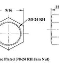 Steel Zinc Plated 3/8-24 RH Jam Nut design diagram showing dimensions and hex shape for precise fitting.