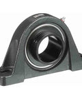 Tough As Nails Two Bolt Workhorse Pillow Block Bearing With Setscrew Locking and Rugged Cast Iron Housing side view showing bearing and seal.