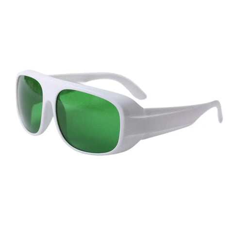 Badass Red Laser Safety Glasses Protecting Against 650Nm 808Nm And 980Nm Diode Lasers With Hella Strong Od2 Plus And Od5 Plus Filters In A Slick Clear Design That Keeps Your Peepers Safe And Dandy, featuring white frame and green lenses.