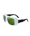 Top Shelf Infrared Laser Safety Glasses For Nd Yag And Diode Cutters Defending 740 To 1100nm Ranges With Badass OD Ratings Up To Seven. White and black frame sports glasses with green tint.