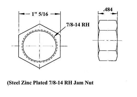 Steel Zinc Plated 7/8-14 RH Jam Nut dimensions for Heavy Duty Badass 7/8-14 Thread Complete 4 Link Rod End Kit.