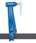 Heavy Duty Plunger Screw Clamp And Square Guide Bench Vice Crafted From Rock Solid Cast Steel Featuring Beefy Interchangeable Jaws For Pro Level Shop Press Projects, blue clamp with a sturdy metal bar.