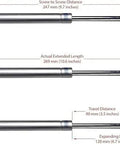 Solid Hydraulic Gas Springs For Cabinet Doors And Storage Boxes Featuring Smooth As Butter Glide Action With No Fuss Mounting Brackets That Keep Lids Propped Up Strong And Looking Sharp In Black Two Pack dimensions showing screw to screw distance, actual length, travel distance, and expanding part.