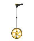 No Sweat Two Pack Foldable Digital Measuring Wheels With Remote Display, featuring a yellow wheel and rugged telescopic pole.