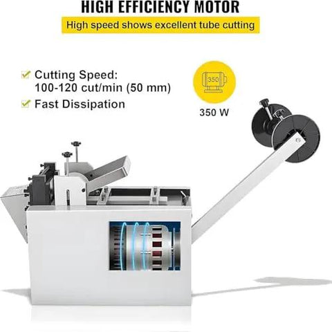 Top Tier 250W Automatic Heat Shrink Tube Cutter High Precision Electric Pipe Cutting Machine showing motor and cutting mechanism.