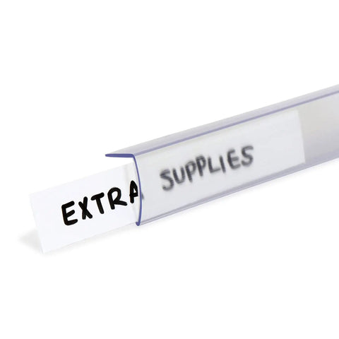 Slick Clear Plastic Shelf Clip Label Holders Fits One Inch Thick Racks No Sweat Installation showcasing a labeled holder displaying 'EXTRA SUPPLIES'.